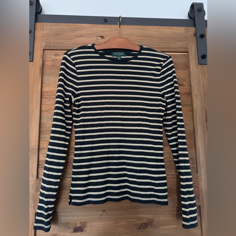 LAUREN Ralph lauren petite striped long sleeves tee color gold and black…